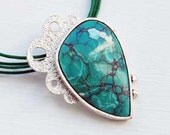 20% SALE - Texturized Sterling Silver Pendant. Blue-Green Turquoise. One of a Kind. LLUVIA 2 Pendant. Handmade by Maria Goti Joyas.