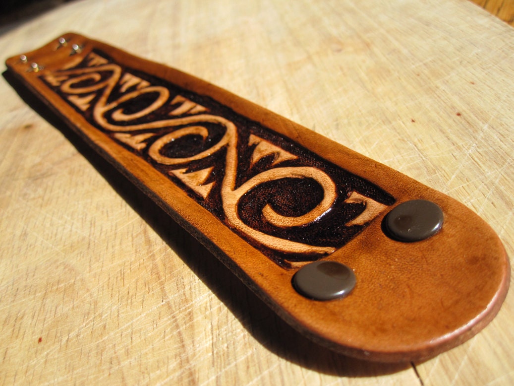 Tribal Steampunk Leather Cuff Wristband - Hand Tooled and Eco-Friendly Dye