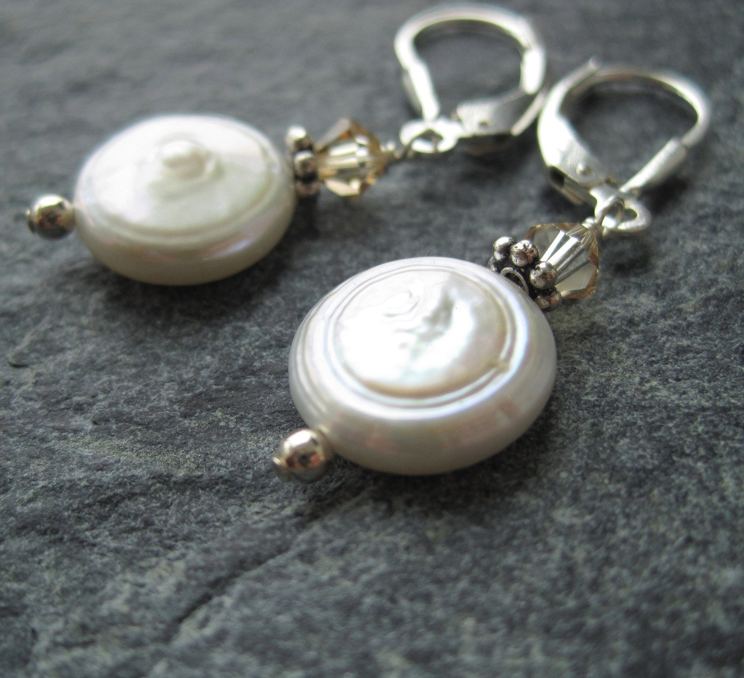 White coin pearl, gold swarovski crystal and sterling silver leverback earrings