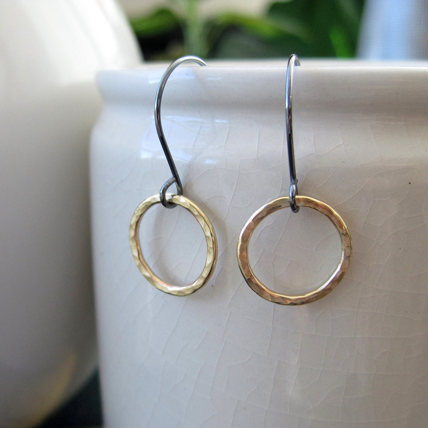 Hammered brass earrings on sterling silver French ear wires, ready to ship