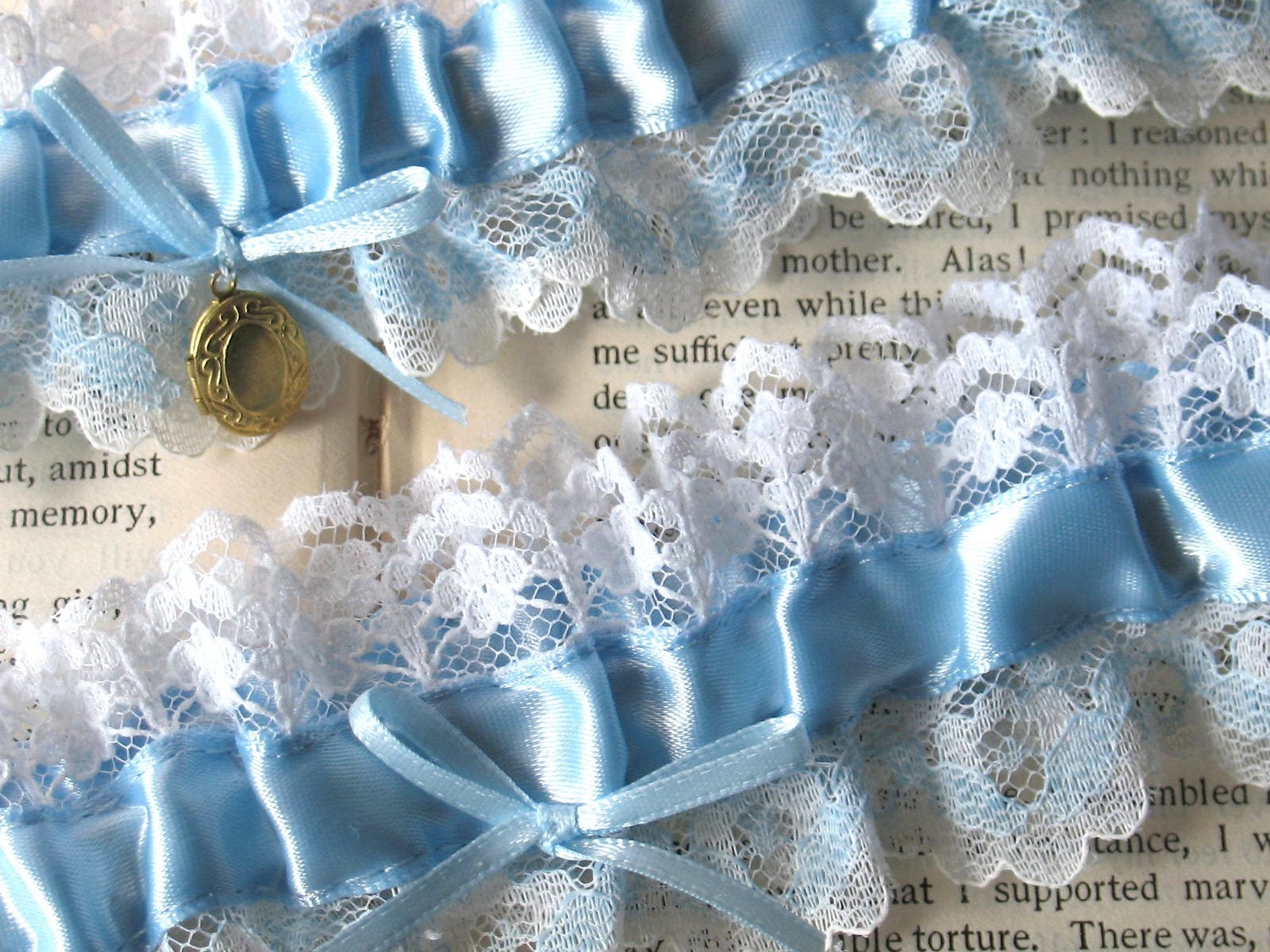 MON AMOUR Blue Bridal Garter Set with Oval Brass Locket - Rare Vintage Lace - Ready to Ship