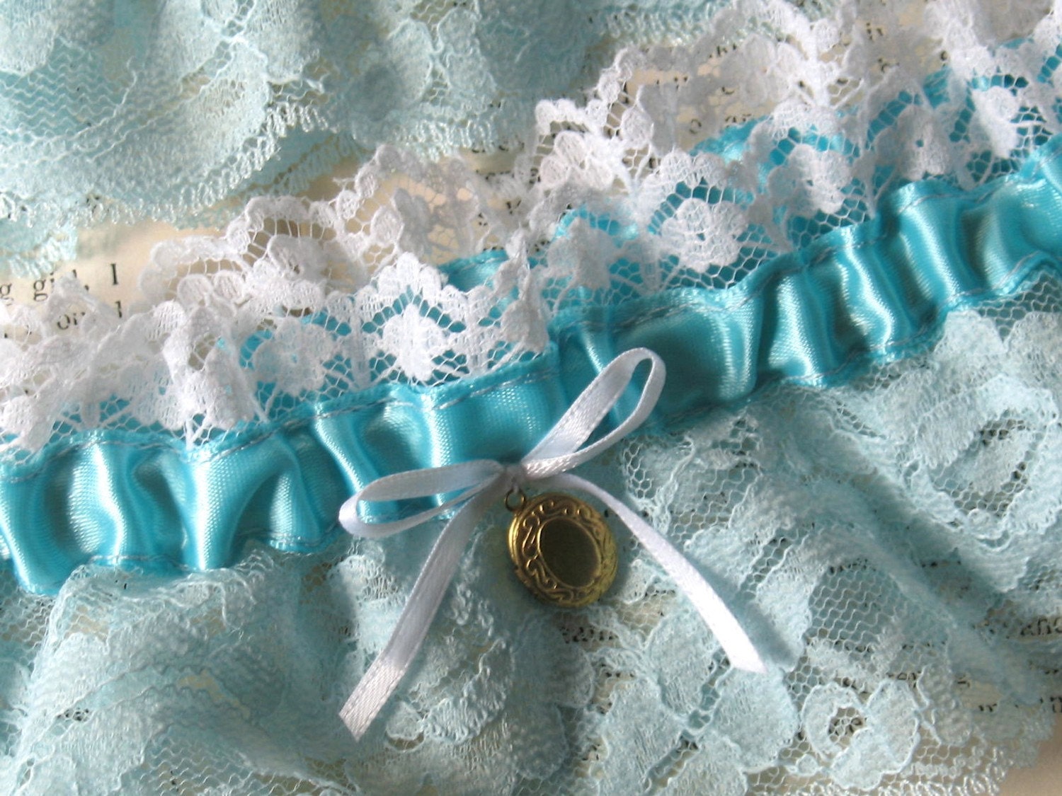 TIFFANY Blue Bridal Garter Set -MON AMOUR with Brass Locket
