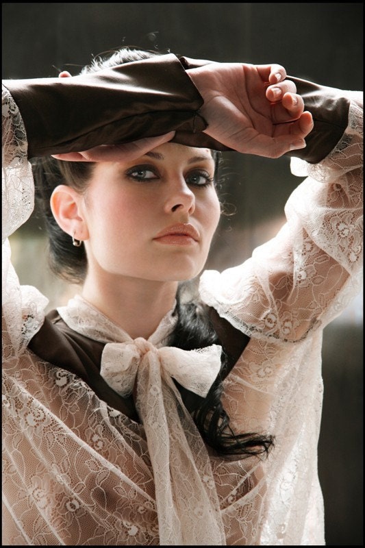 SALE Lace POET Blouse in Pale Peach with Chocolate Charmeuse S Last One
