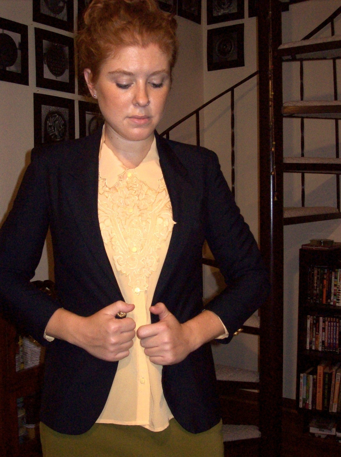 Vintage yellow embroidered blouse - medium