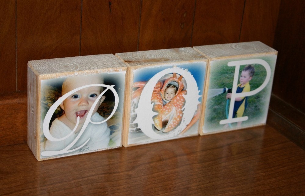 PERSONALIZED Gift- Photo Blocks- MOM Dad POP Sis- set of 3 Letter Blocks