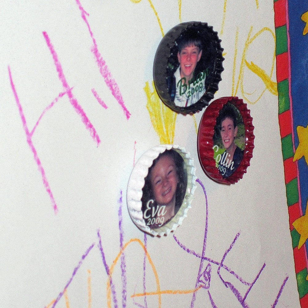 Personalized BoTTLE CaP Photo Magnets- UPCYCLED caps- 3 for 16 Dollars