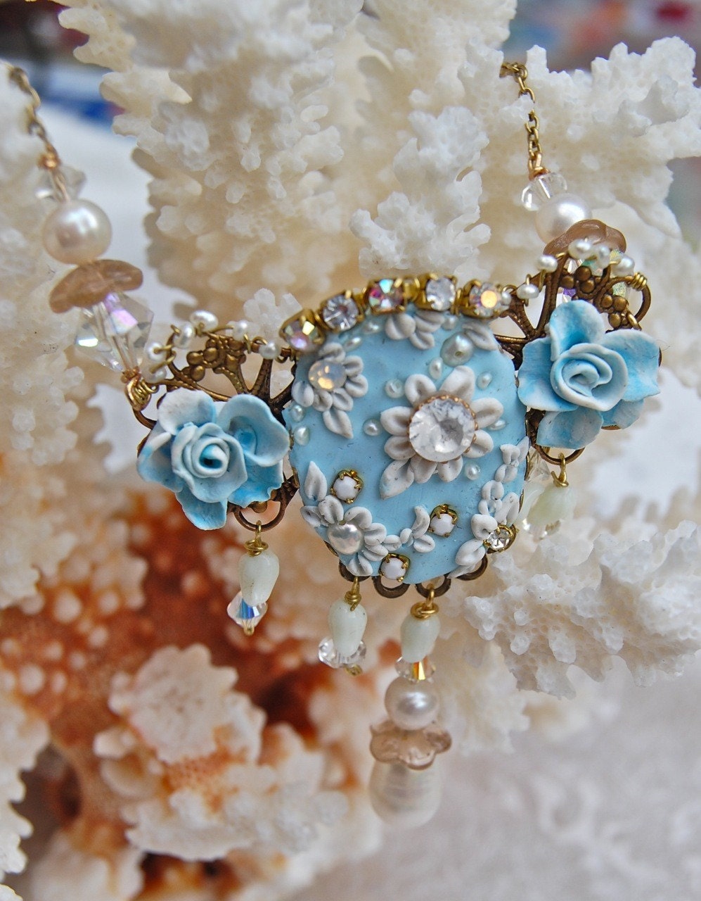 Lilygrace Delicate Blue Floral Cameo Necklace with Freshwater Pearls and Vintage Rhinestones