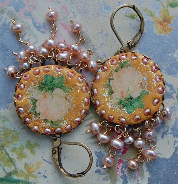 Lilygrace Vintage Rose Golden Yellow Cameo Earrings with Freshwater Pearls