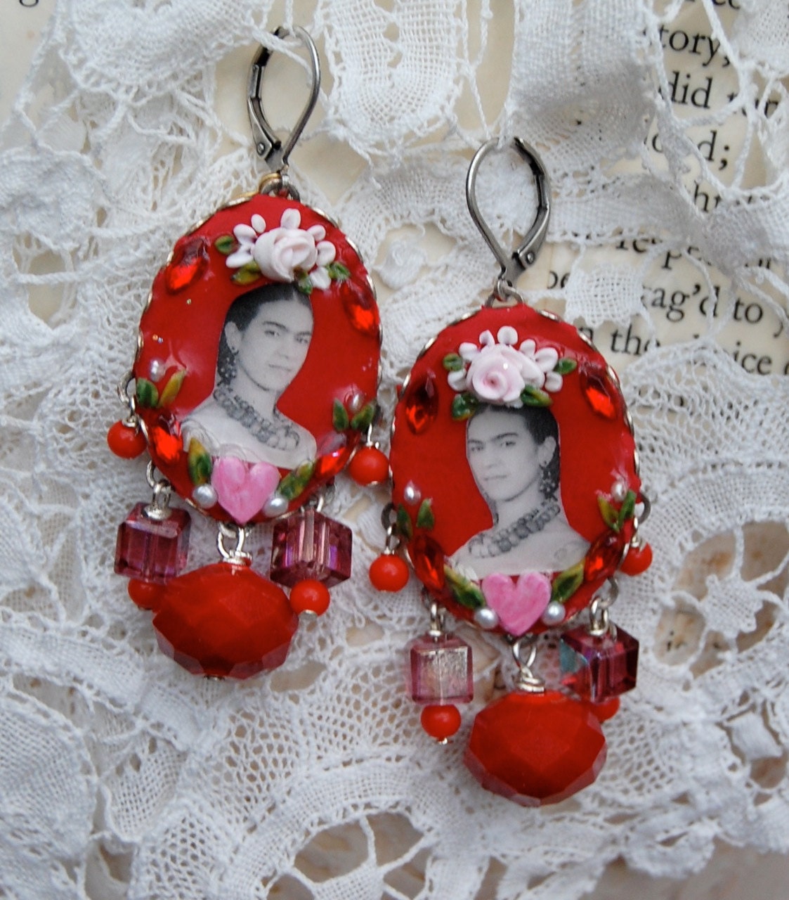 Lilygrace Frida Red Cameo Earrings with Freshwater Pearls and Vintage Rhinestones
