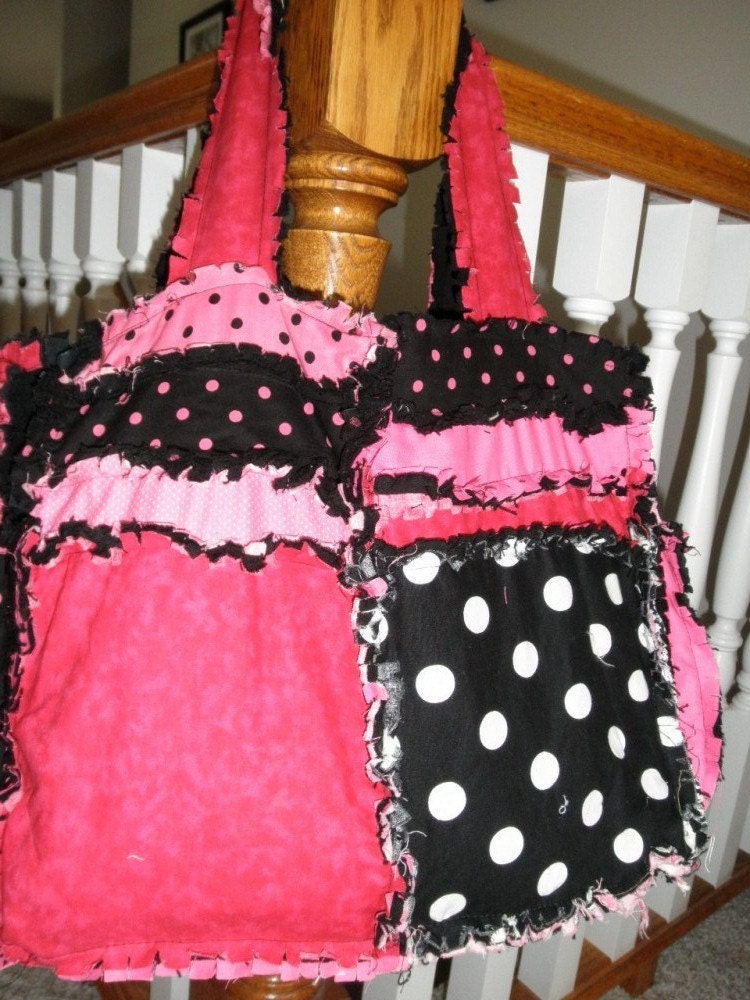 Diaper Bag, PURSE, Rag Quilted Tote, hot pink, black, Made to Order