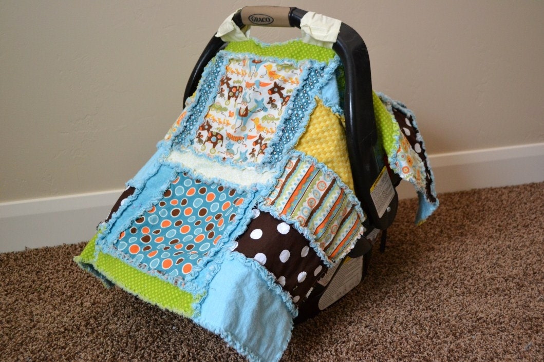 CAR SEAT COVER, Nursing Cover, Rag Quilt, Baby Blanket 3 in 1, Made to Order, Red Blue, Riley Blake Mod Tod