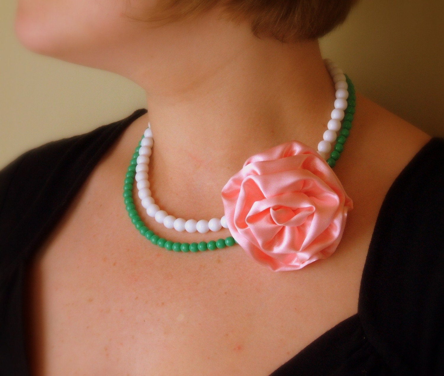 Flower Necklace - Pink satin rose, green and white glass beads