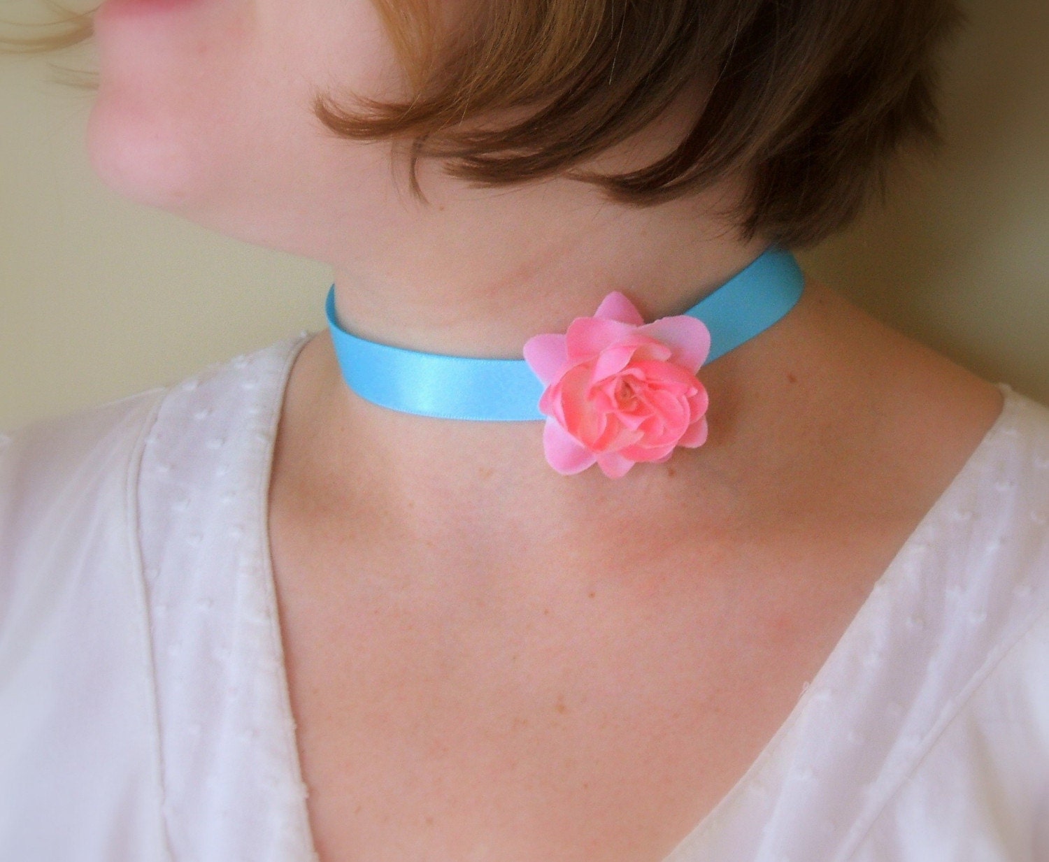 Pink Rose and Aqua Satin Ribbon Choker