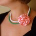 Flower Necklace - Pink satin rose, green and white glass beads