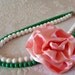 Flower Necklace - Pink satin rose, green and white glass beads
