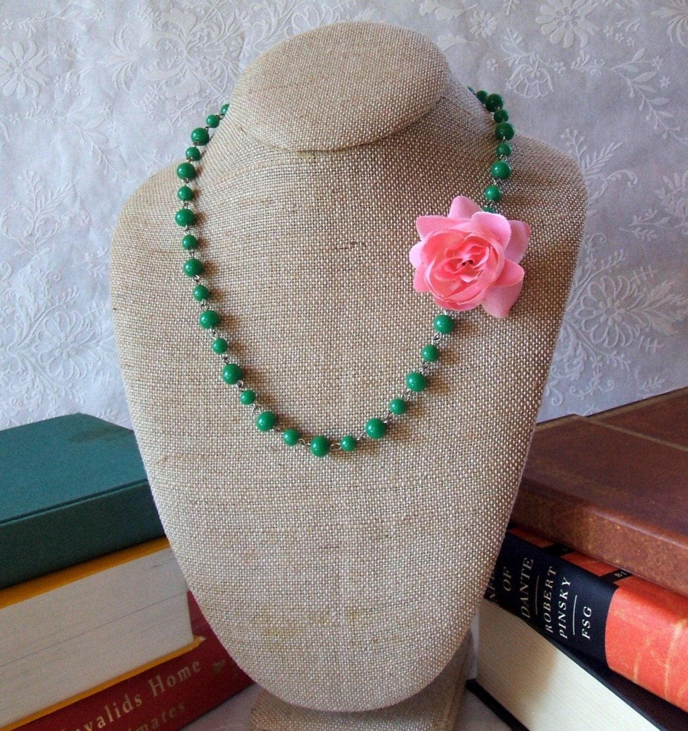 Small Pink Rose on Green Rosary Chain Necklace