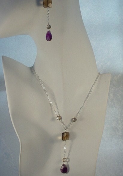 Gemstone Necklace w Amethyst, Smoky Quartz Gemstones and Crystal Beads on Sterling Silver Chain