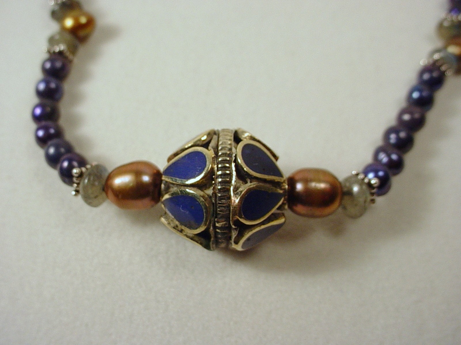 Freshwater Pearl Necklace with Hand Made Inlaid Afghan Bead