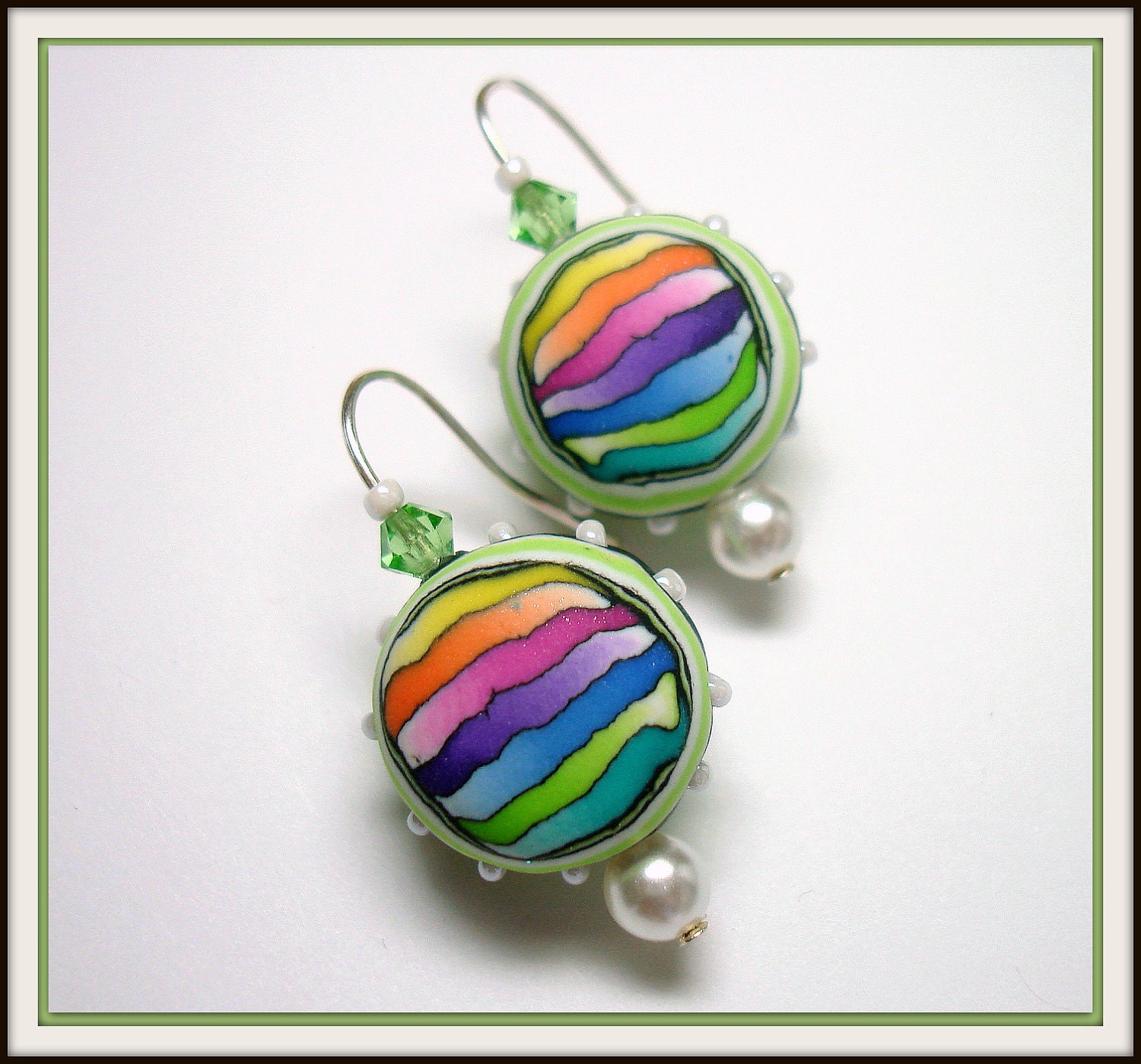Polymer Clay Rainbow Watercolor Pearl Earrings with Swarovski Crystals