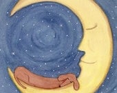Brown shorthaired dachshund (doxie) sleeping on moon / Lynch signed folk art print Weiner/Wiener dog