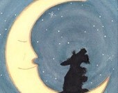 Scottish terrier (scottie) sits howling on the moon / Lynch signed folk art print