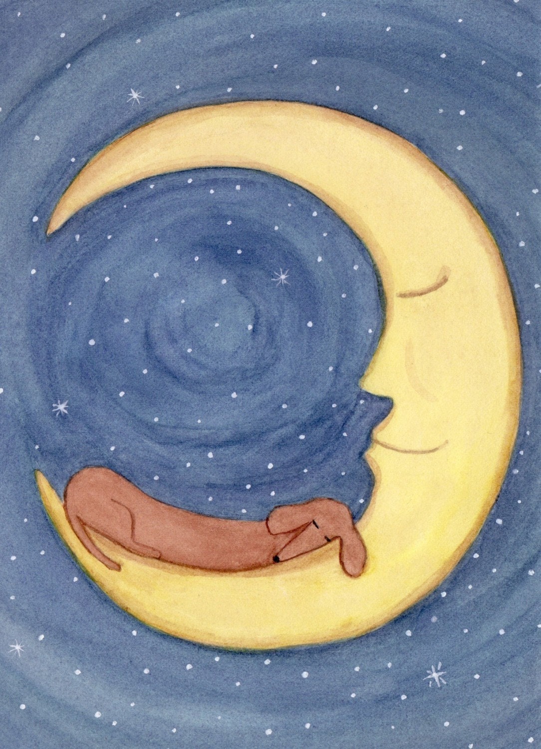 Brown shorthaired dachshund (doxie) sleeping on moon / Lynch signed folk art print Weiner/Wiener dog