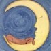 Brown shorthaired dachshund (doxie) sleeping on moon / Lynch signed folk art print Weiner/Wiener dog