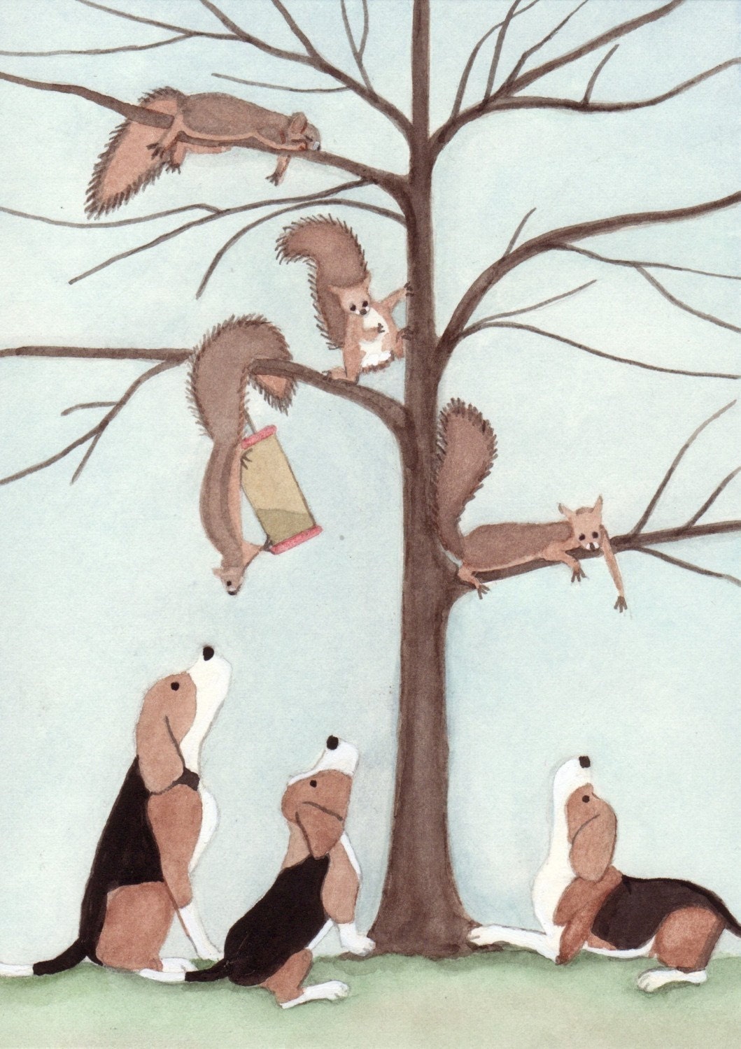 Beagles have tree full of squirrels cornered / Lynch signed folk art print