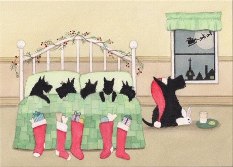 Scottish terrier (scottie) family waiting for Santa on Christmas eve / Lynch signed folk art print
