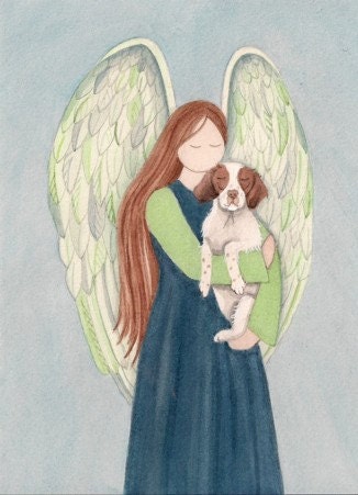 Angel with brittany spaniel /  Lynch signed folk art print