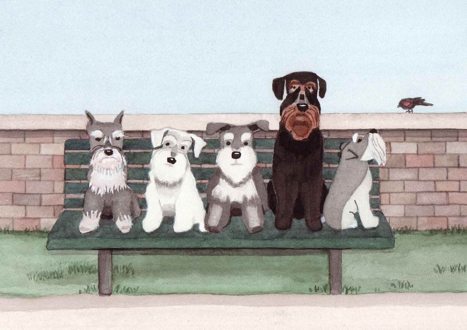 Schnauzers fill a bench at city park / Lynch signed folk art print