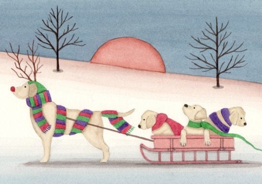 Christmas cards: Golden Labrador retriever (lab) family goes for sled ride / Lynch folk art