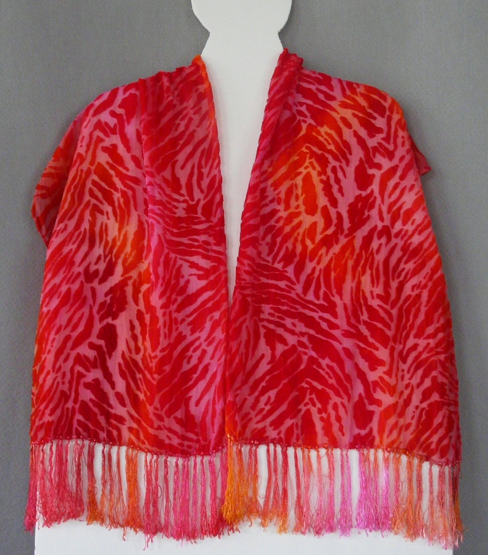 Burnout Velvet Scarf, Hand Dyed, Animal Print, pink, orange, red