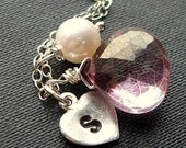 CUSTOM INITIAL AND  STONE - STERLING SILVER INITIAL HEART CHARM , MYSTIC PINK QUARTZ , FRESH WATER PEARL IN STERLING SILVER