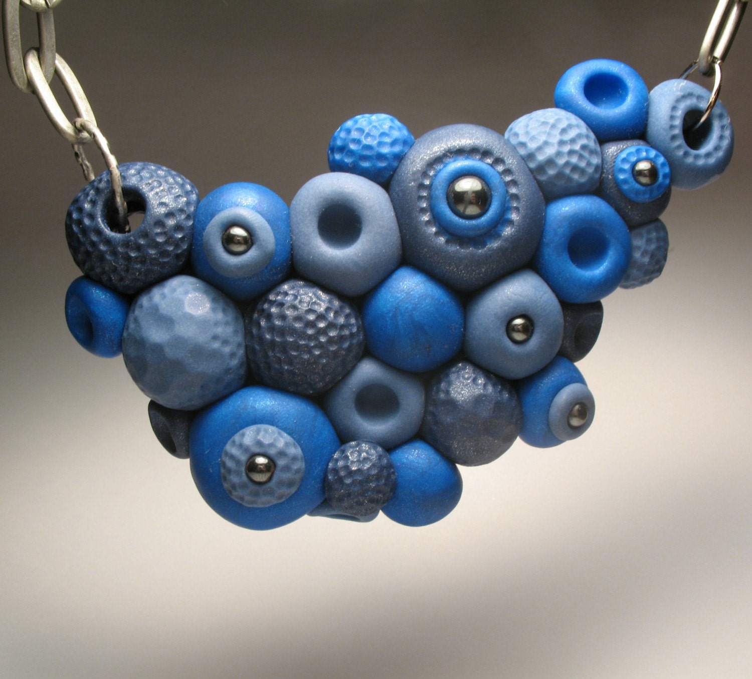 Blue Pods Bib Necklace - OOAK, Polymer Clay, Jewelry