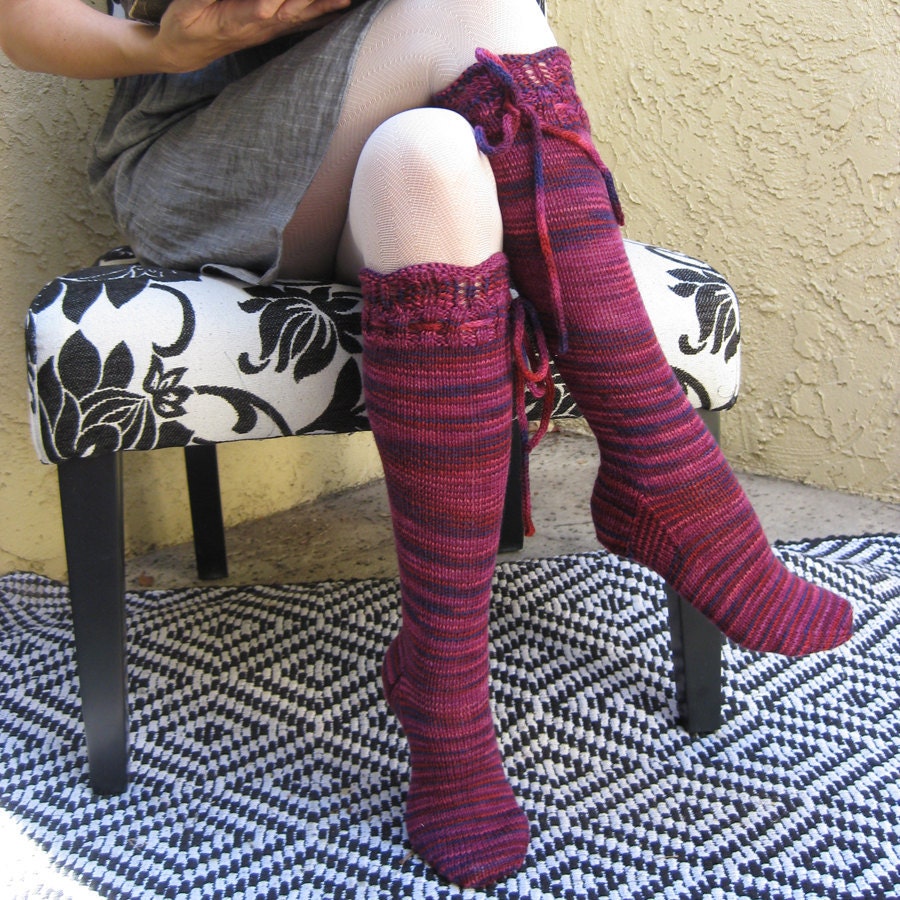 Knee High Socks Black Cherry with ties hand knit