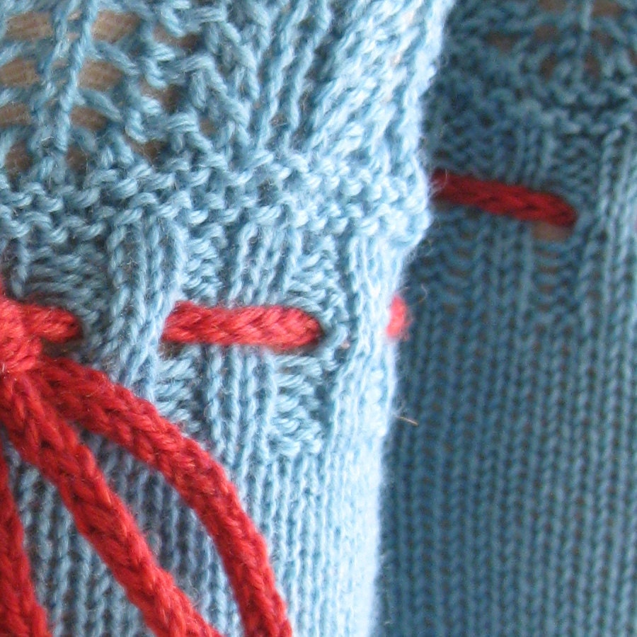 Knee High Socks Turquoise Merino Wool Lace with Red Ties hand knit