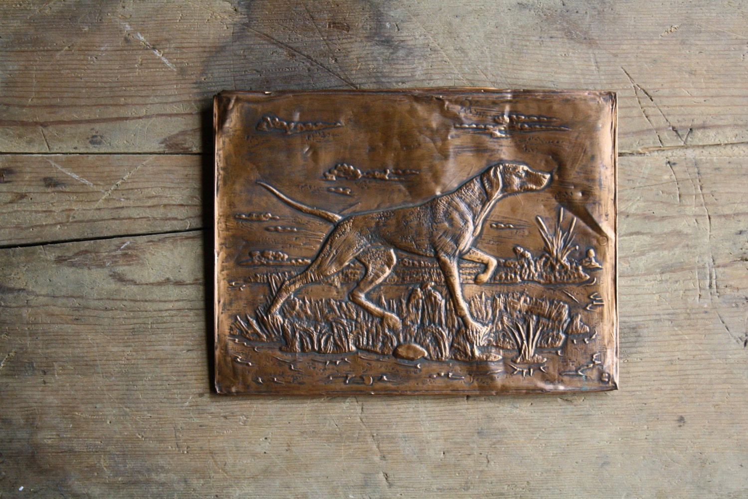 ON HOLD vintage handmade embossed copper dog picture