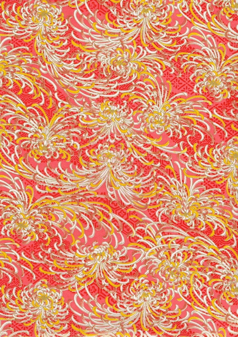 Peach and Gold Chrysanthemum Japanese Yuzen Chiyogami Washi Paper Sheet 23 x 15 cm (9 x 6 inches)