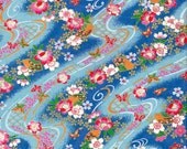 Blue Fan and Butterfly Japanese Yuzen Chiyogami Washi Paper Sheet 23 x 15 cm (9 x 6 inches)