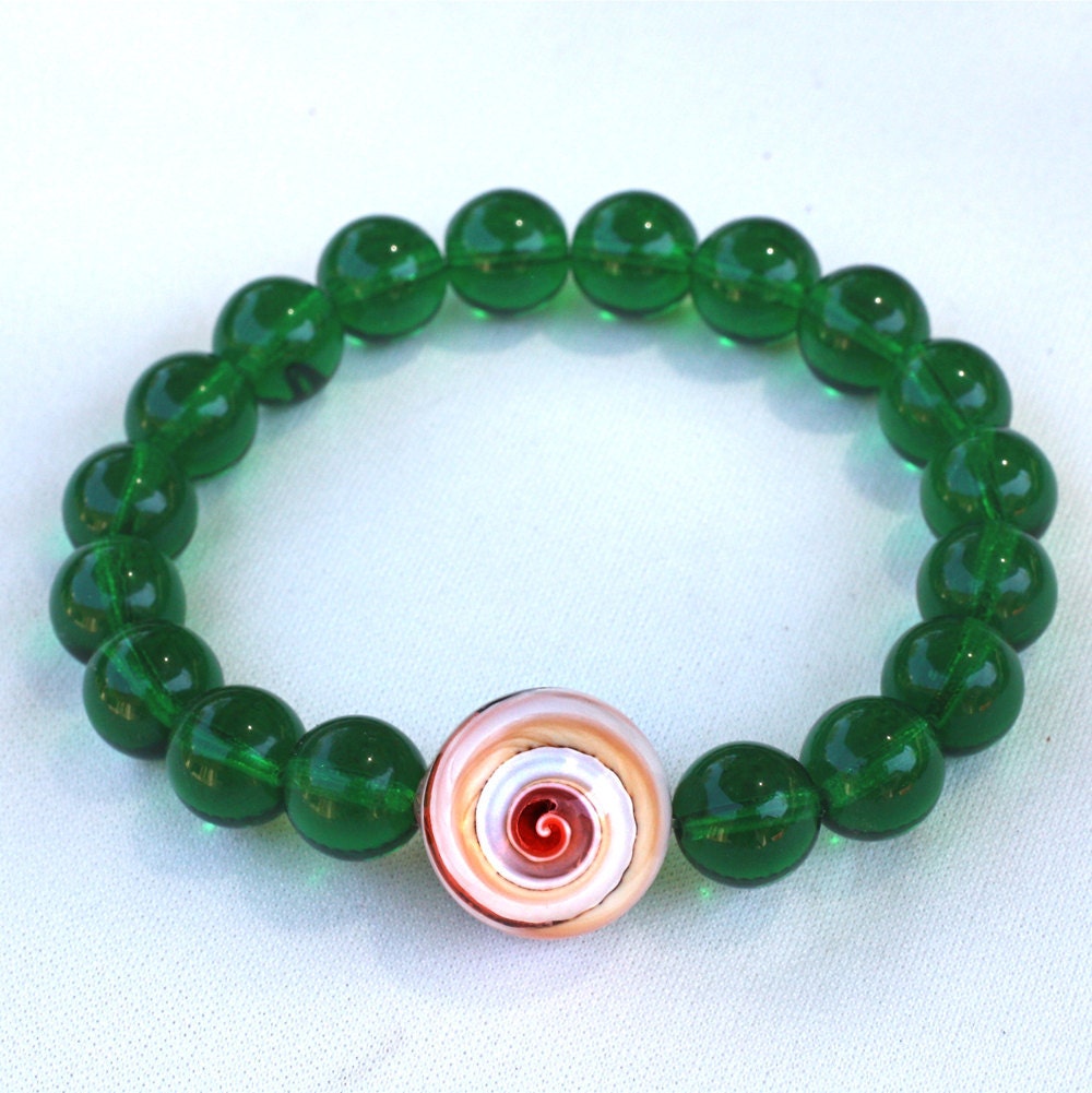 Wrist Mala Bracelet Green Czech Glass Mala w Shell Yoga Beads Meditation Prayer Beads