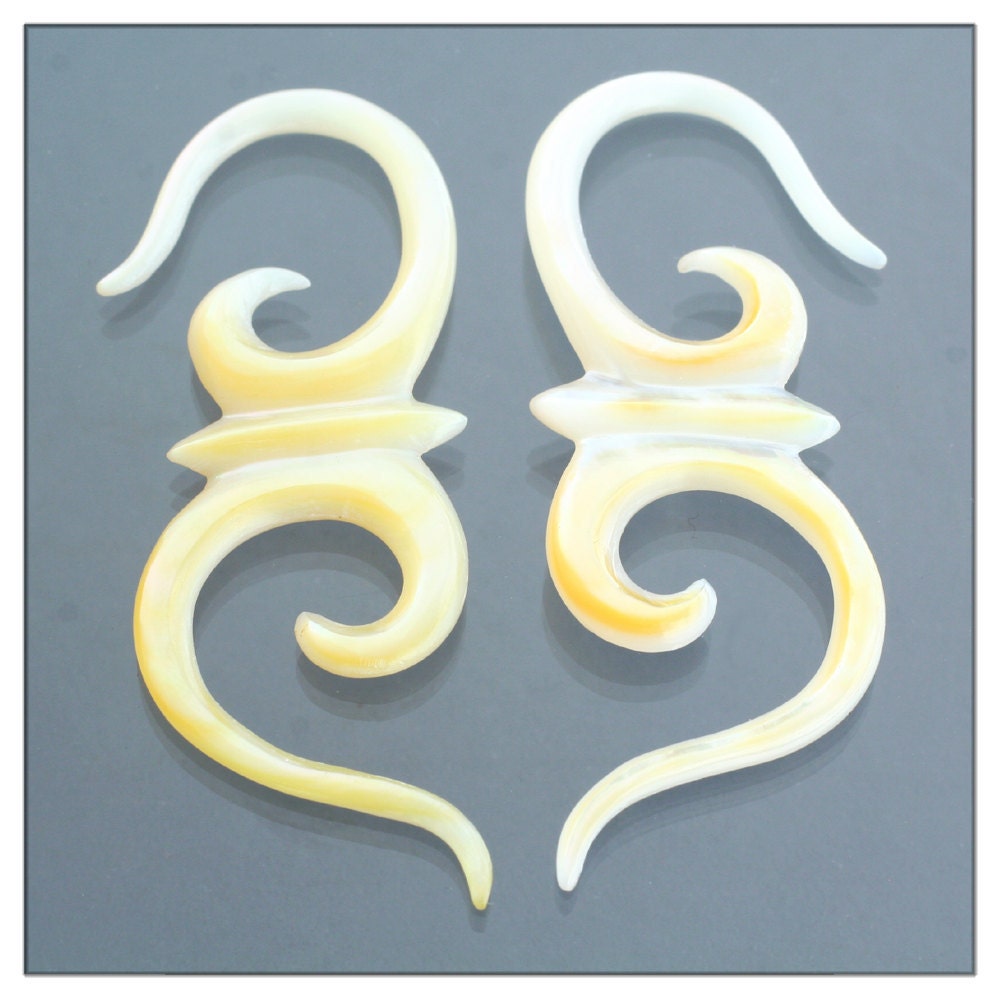 mother of pearl jewelry component, hand carved MOP gauged earrings, pendant pair, tribal, natural shell, golden butterscotch, white