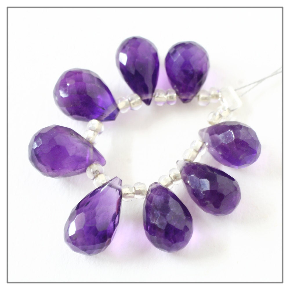 Amethyst faceted briolette drop beads, gemstone briolette drops, natural amethyst faceted stone beads, purple gemstone