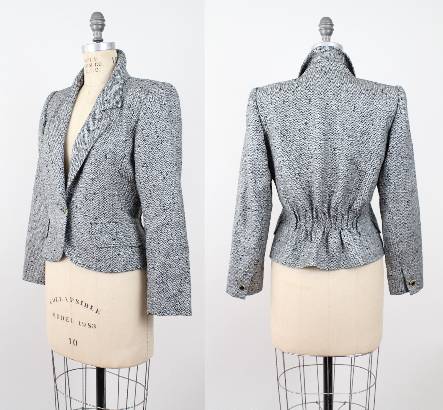 Vintage Emanuel Ungaro Ruched Waist Herringbone Wool Blazer / 40