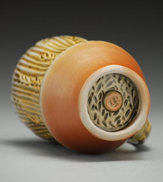 Carved Mug, sage green and earth tones, hand carved textures, wood and soda fired porcelain