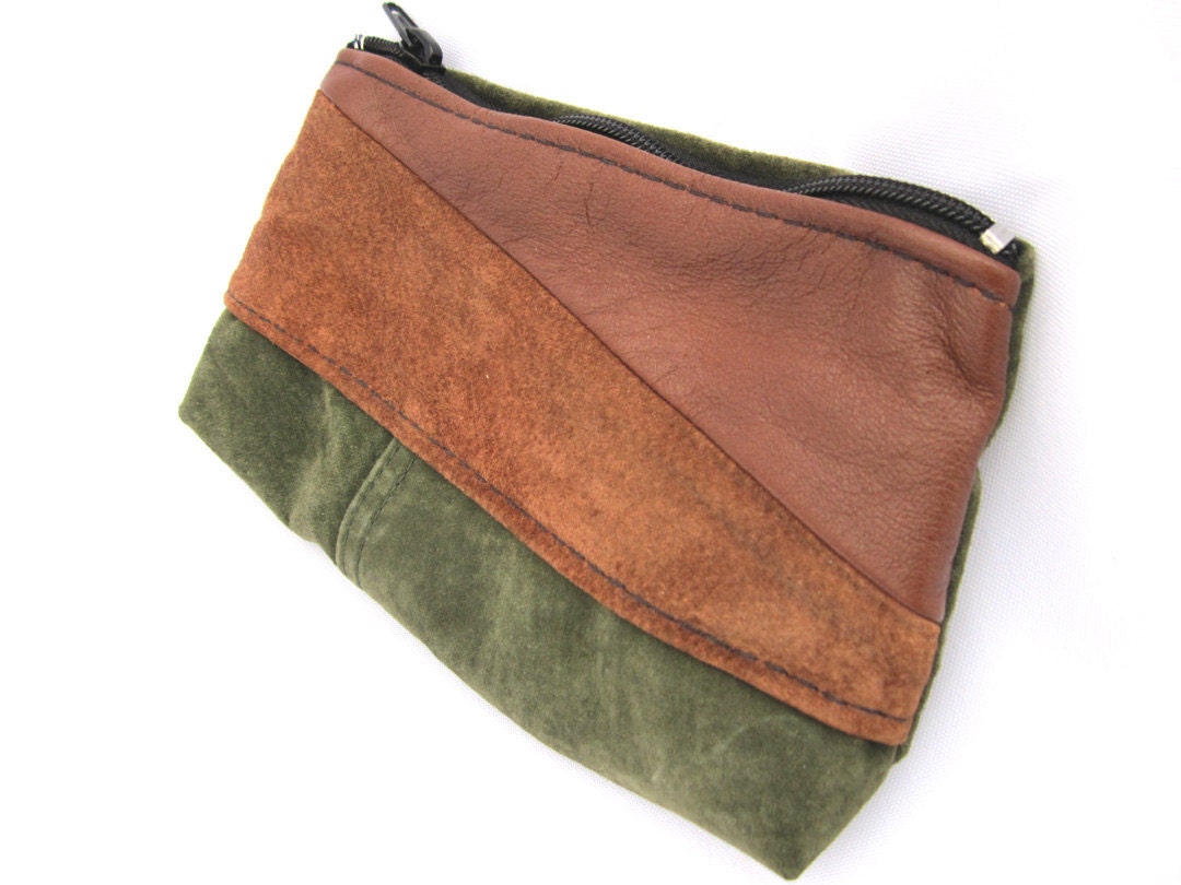 Brown and green recycled suede clutch