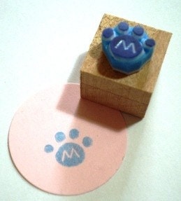 Monogram in paw-- hand carved rubber stamp