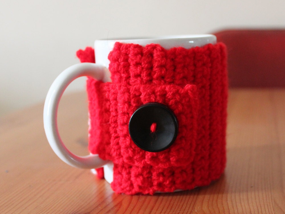 Red Mug Cozy With Embroidered Heart - Free International Shipping