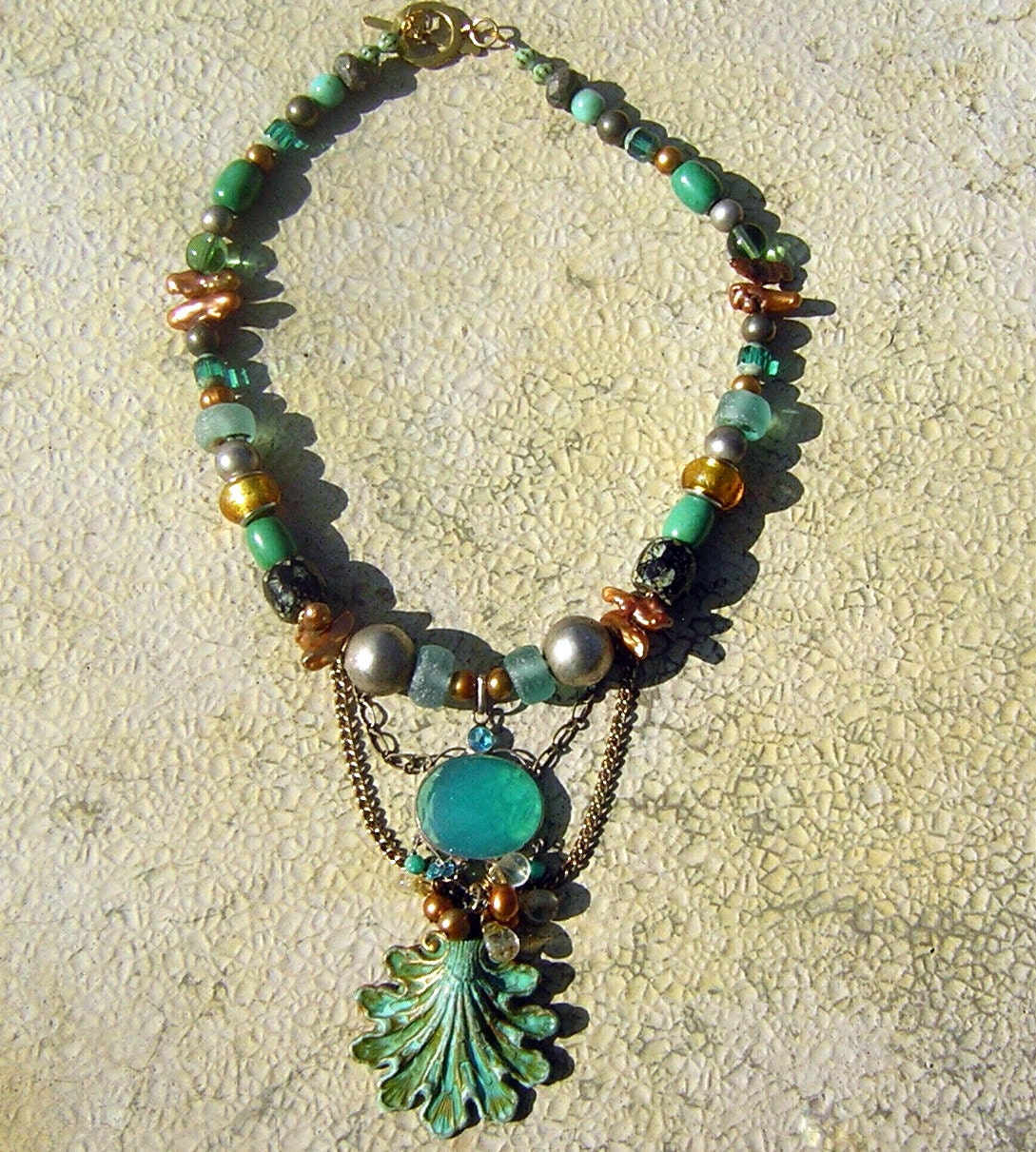 Handcrafted Festoon Necklace - Chunky Sea Treasures - Verdigris & Aqua