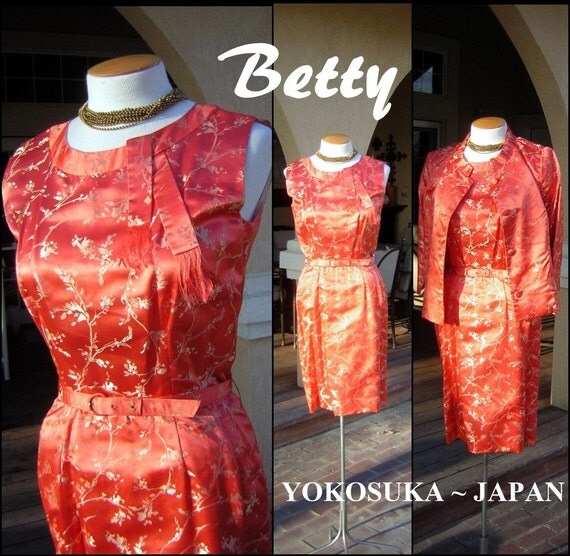 Vintage Orange Silk Brocade Dress Jacket - 2pc Suit Set - Cherry Blossoms - Betty Yokosuka Japan